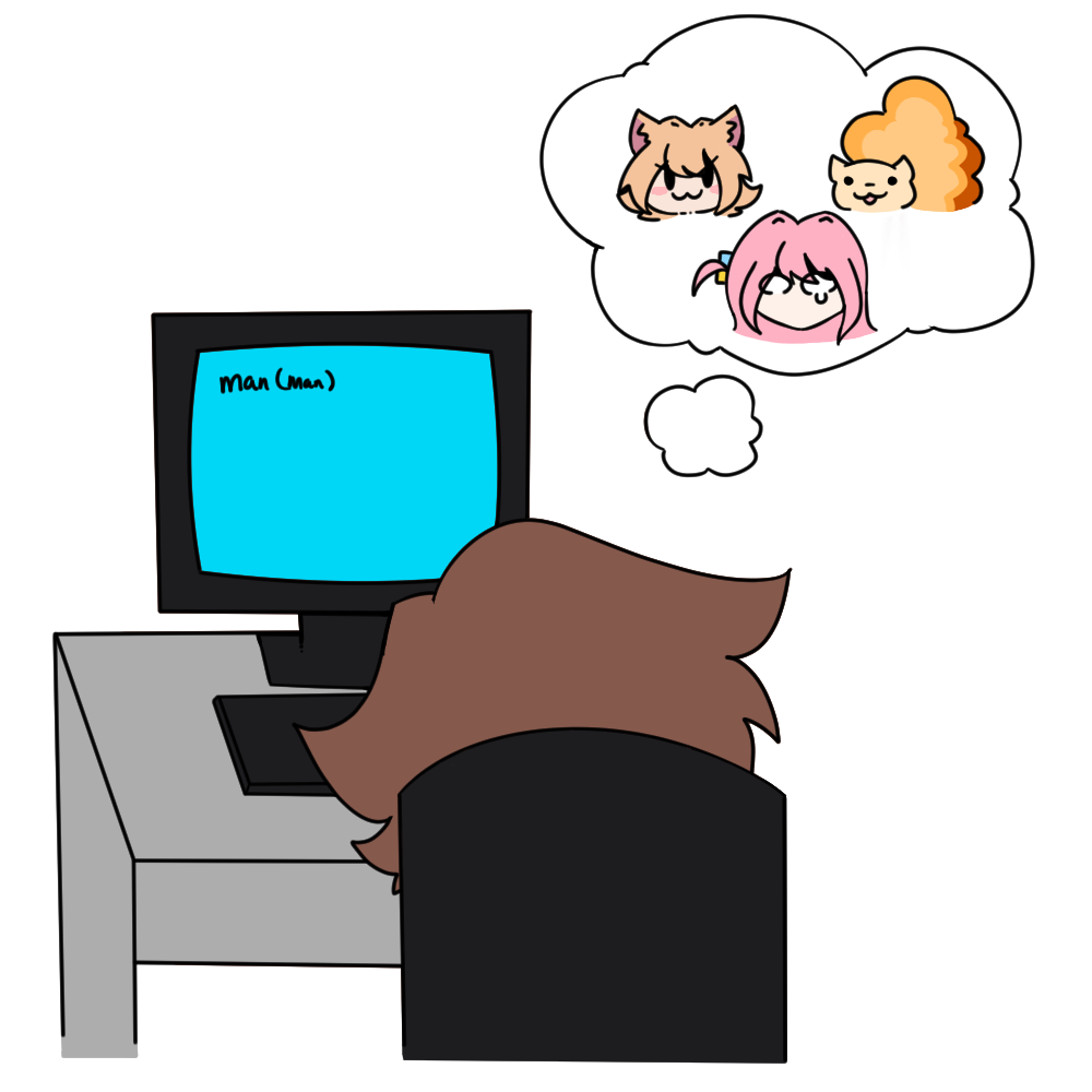 The character Cyan sits in front of a retro computer displaying the manual for the man command. He thinks about various off-topic things, like Neco Arc, Bocchi, and a cat whose mind is exploding.